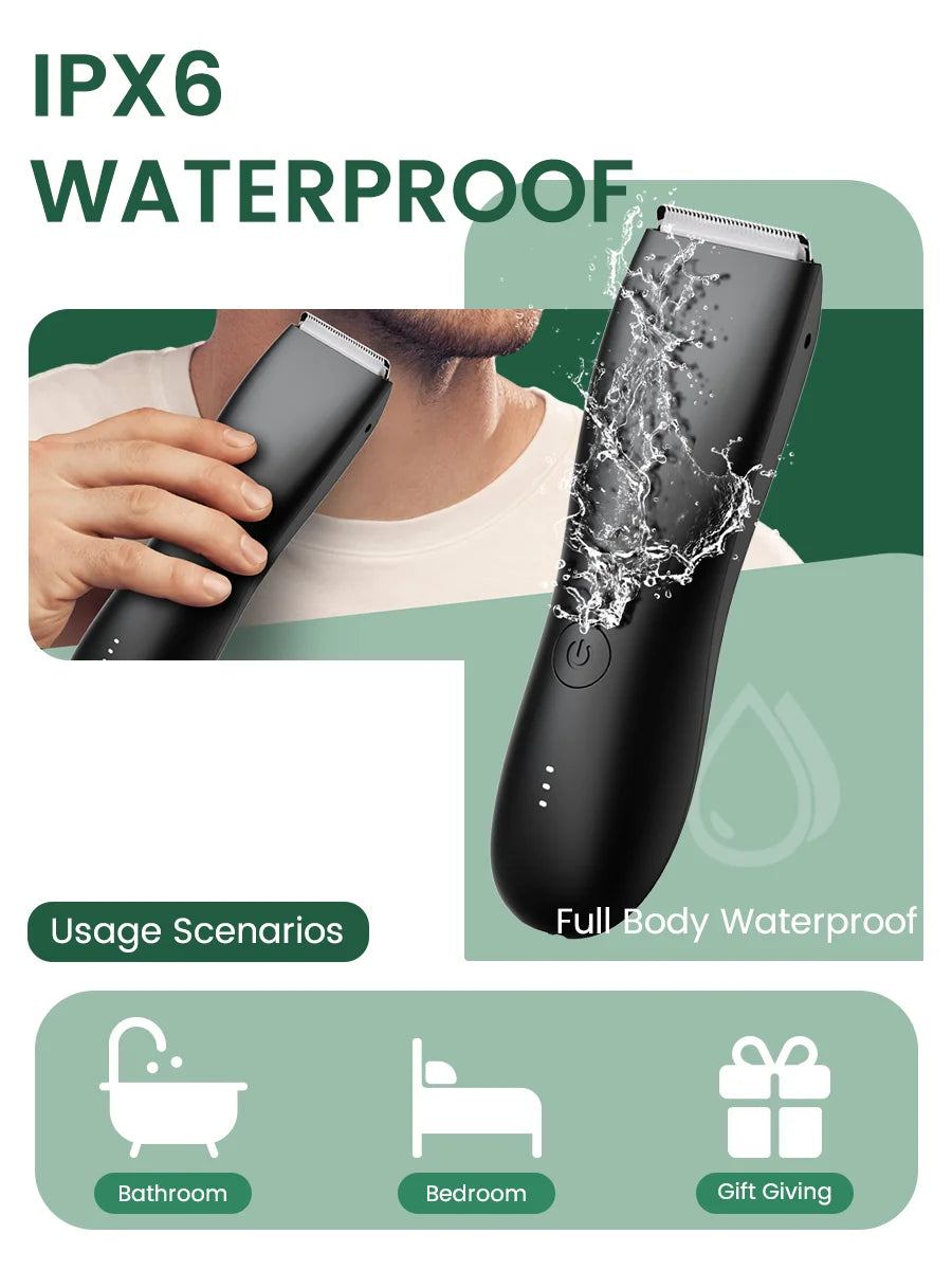 A black electric body shaver is shown being used, highlighting its IPX6 waterproof feature for various usage scenarios.