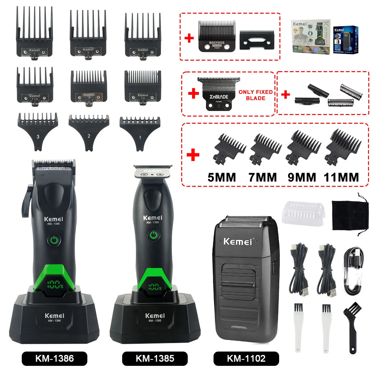 مجموعة ماكينات حلاقة شعر كميل، تشمل شفرات ووحدات كاملة مثل KM-1386 وKM-1385 وKM-1102