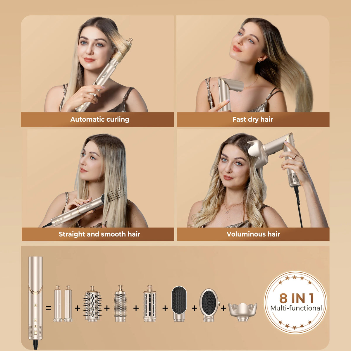 Eine Sammlung verschiedener Haarstyling-Werkzeuge, darunter Glätteisen, Lockenstäbe und ein Volumen-Föhnpinsel.