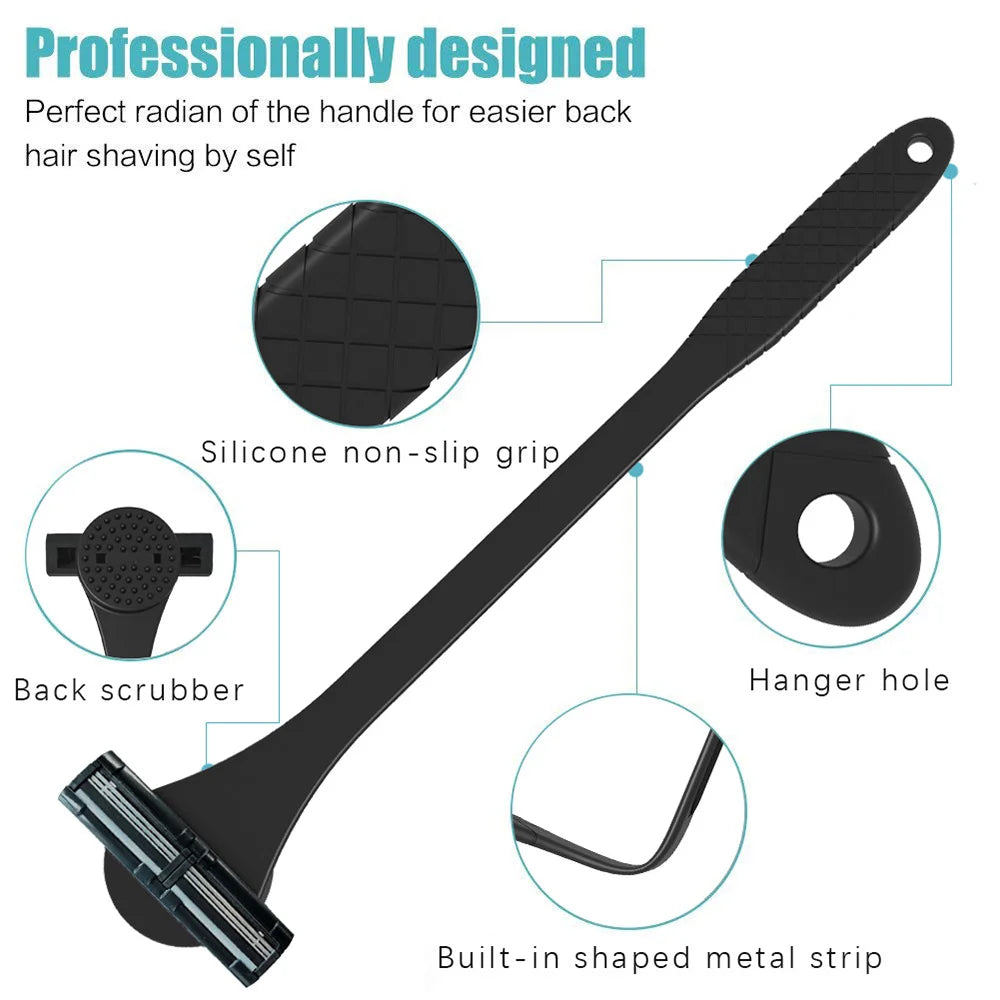 A black multi-layer silicone back shaver razor showing various components like the handle, back scrubber, and hanger hole.