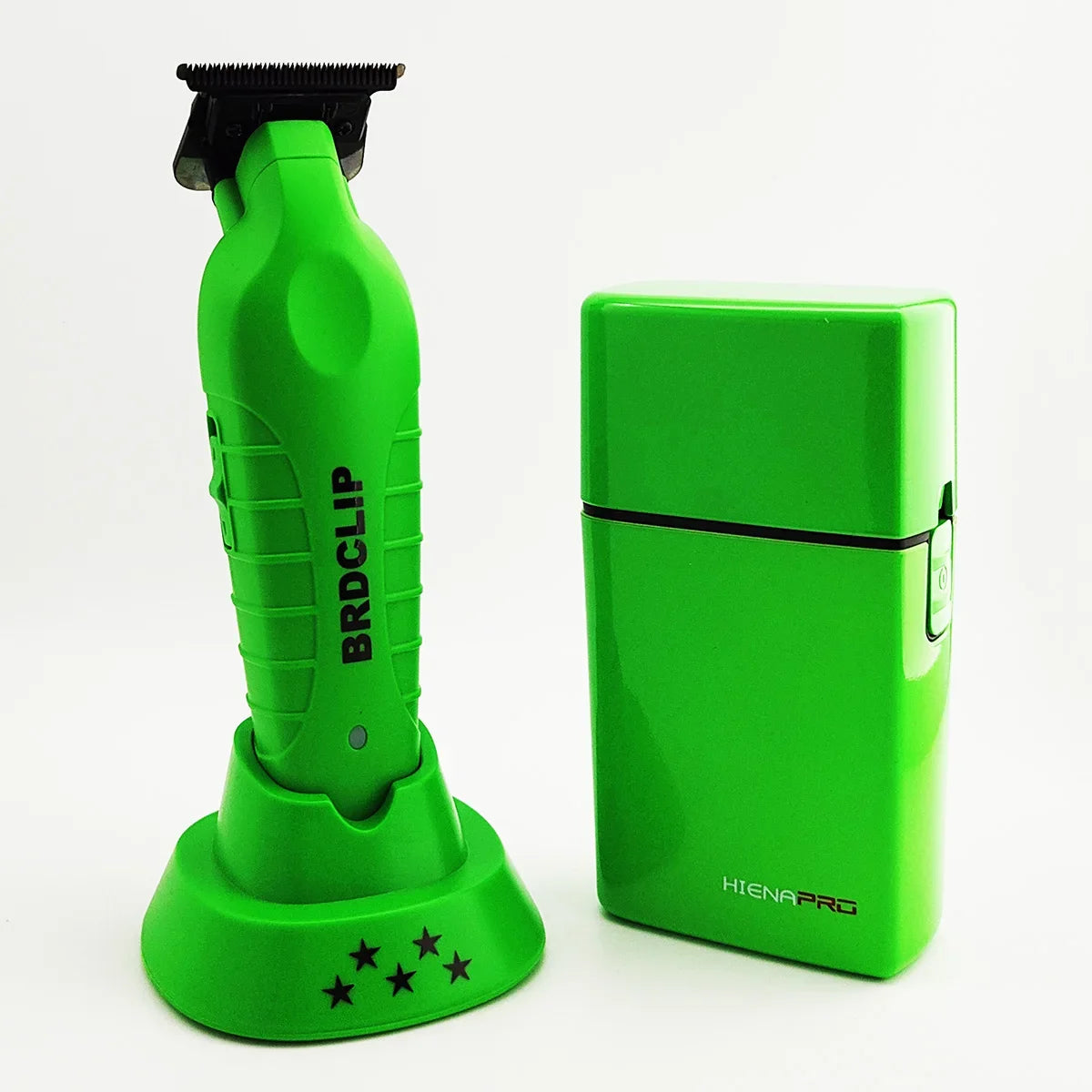 A bright green BRDCLIP hair trimmer and battery unit labeled HIENAPRO are shown on a white background.