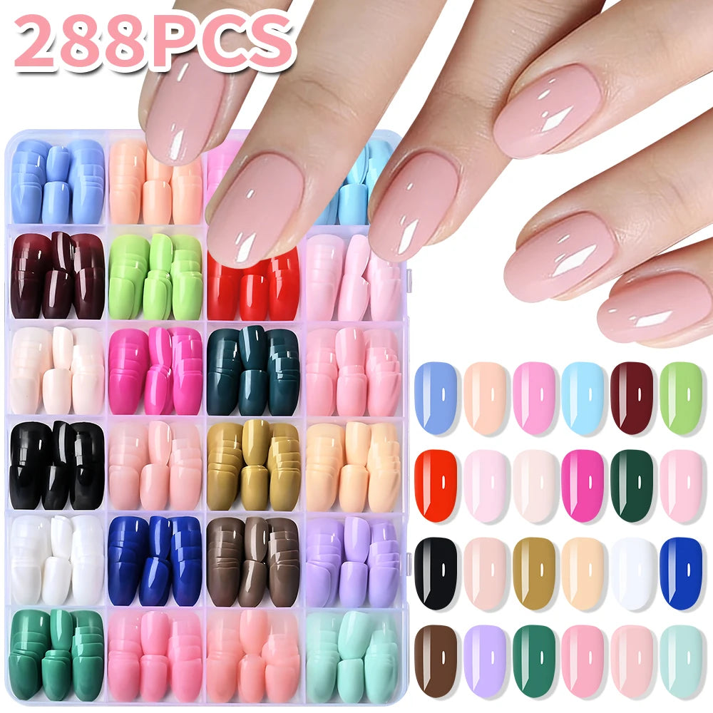 A collection of 288 glossy press-on nails in various shades and colors displayed on fingers.