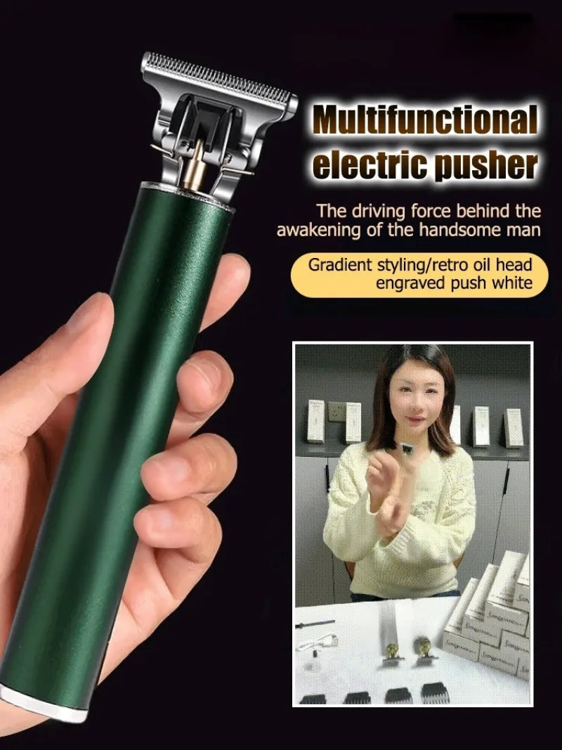 A hand holds a green electric pusher grooming device with a silver head, showing various grooming attachments.