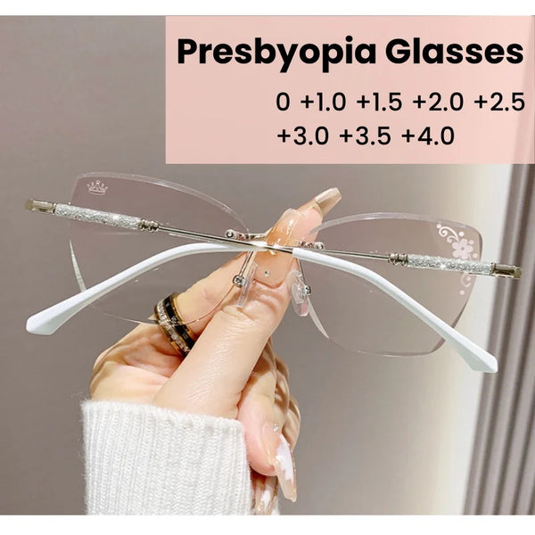 A hand holds a pair of clear, diamond-trimmed presbyopia glasses with various prescription options.