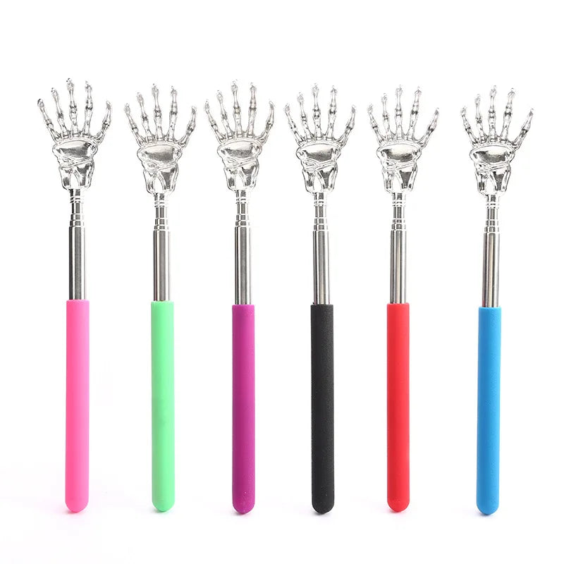 A set of six telescoping stainless steel back massagers in various colors including pink, green, purple, black, red, and blue