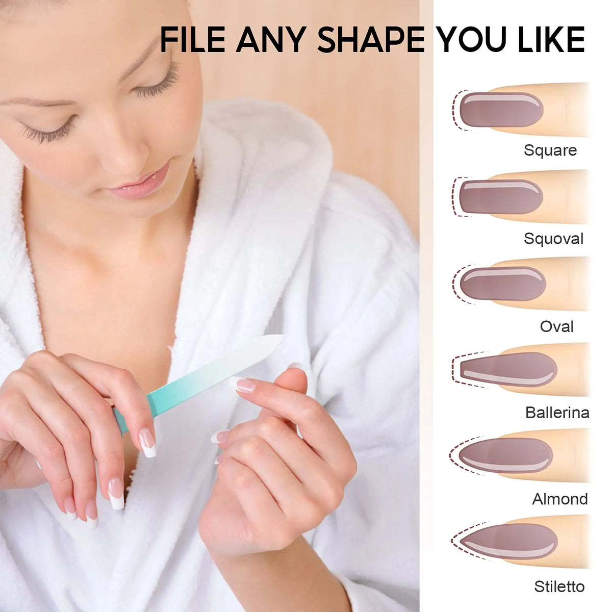 A hand is using a double-sided etched glass nail file set to shape fingernails into various sizes like square, oval, and stil
