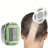 A precision manual safety razor and shaving head are shown against a person's scalp.