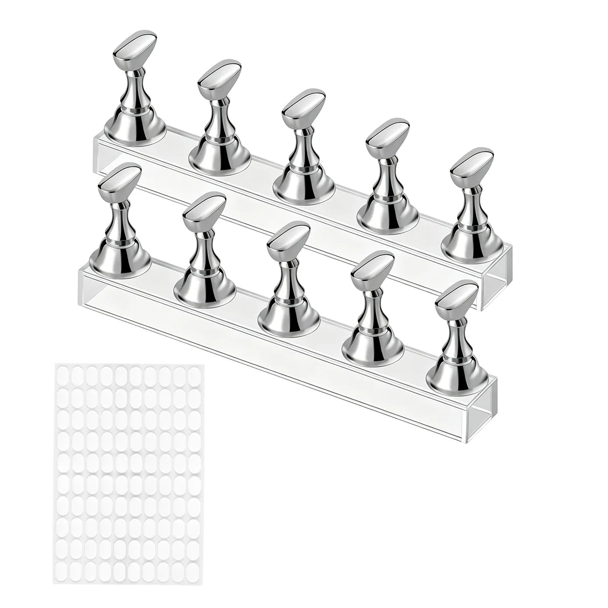 A silver nail practice stand set with multiple metal posts for practicing nail art.