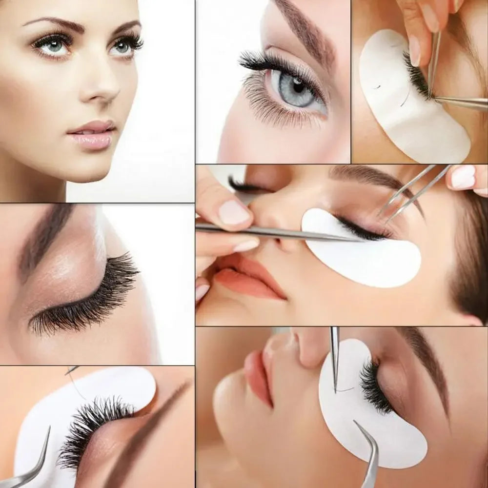 Close-up of a woman applying under-eye lash patches to enhance eyelashes and define the eye area.