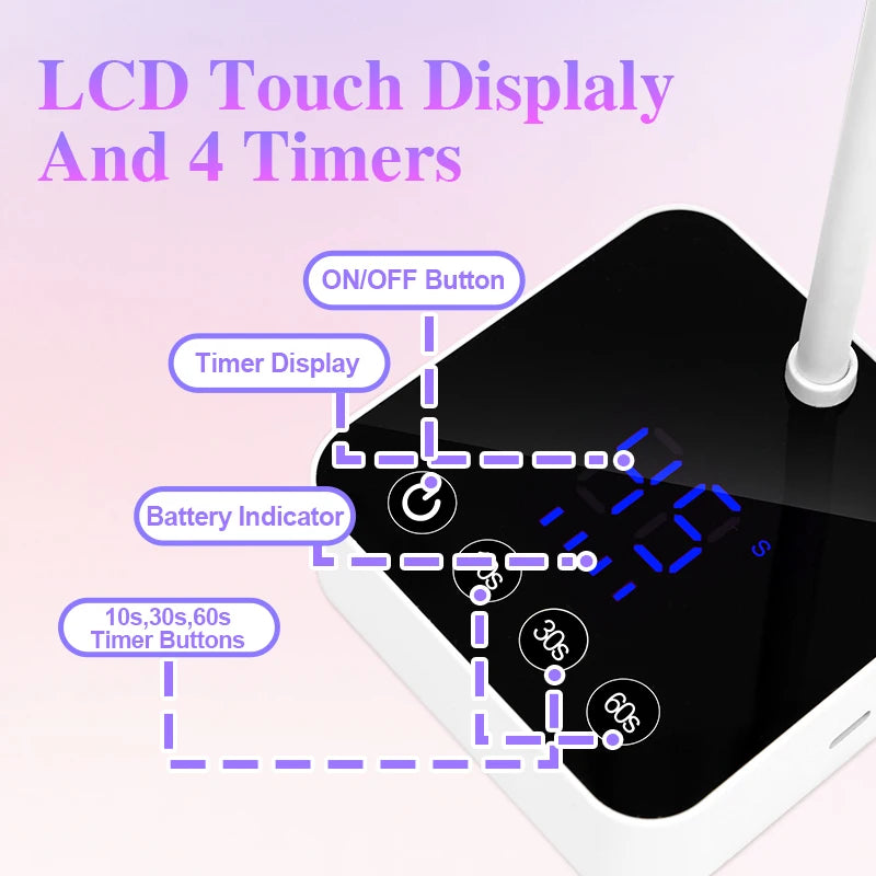 A digital LCD touch display device with buttons and indicators for timers, shown next to a nail lamp.