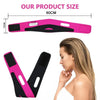 A woman is shown using a pink and black V-line facial slimming strap for contouring.