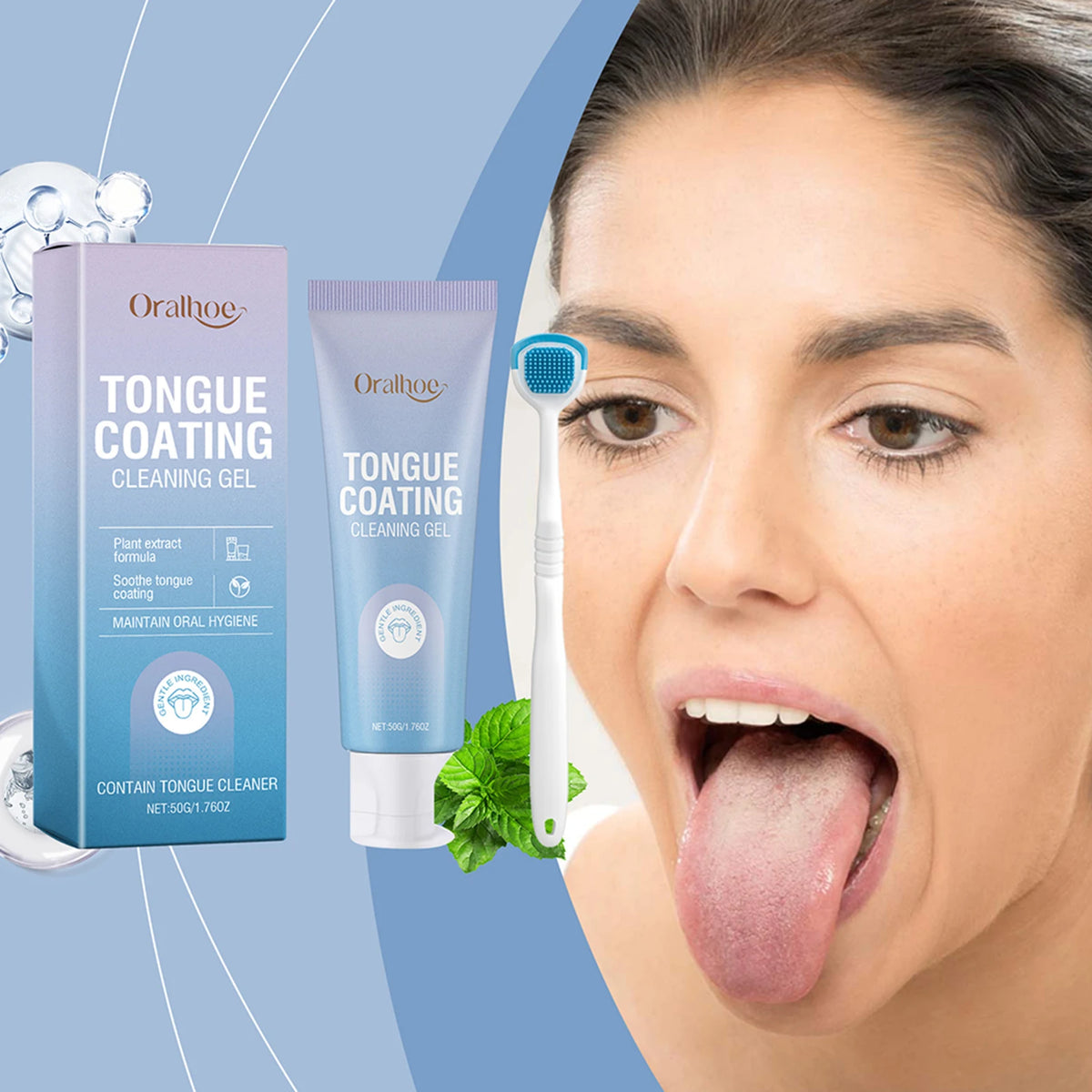 Oralhoo tongue coating cleaning gel and scraper set shown next to a woman's mouth