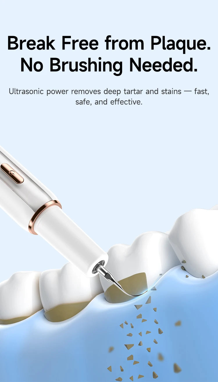 A white ultrasonic tooth cleaner device is shown cleaning a tooth surface with a small, targeted tip.