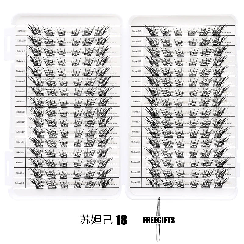 Un kit d'extensions de cils individuels montrant divers styles et motifs d'application.