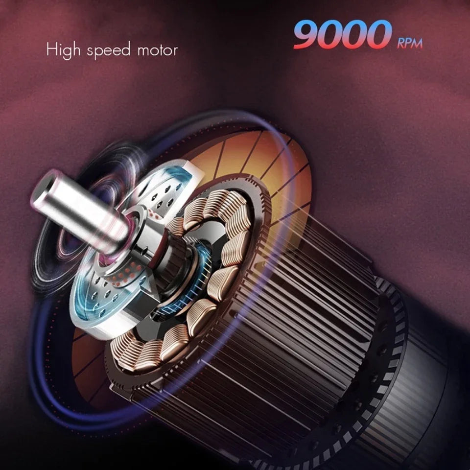 Close-up view of a high speed motor for a professional rotary hair trimmer with an LCD display.