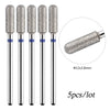 A set of five silver diamond nail drill bits with blue accents, packaged for a lot.