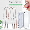 A set of stainless steel and copper tongue scrapers for oral hygiene shown alongside packaging.