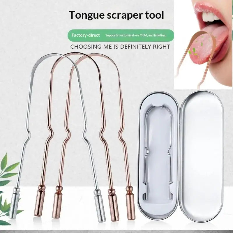 A set of stainless steel and copper tongue scrapers for oral hygiene shown alongside packaging.