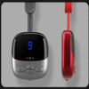 A silver and red multi-mode wireless cervical spine massager is shown hanging on a wall.