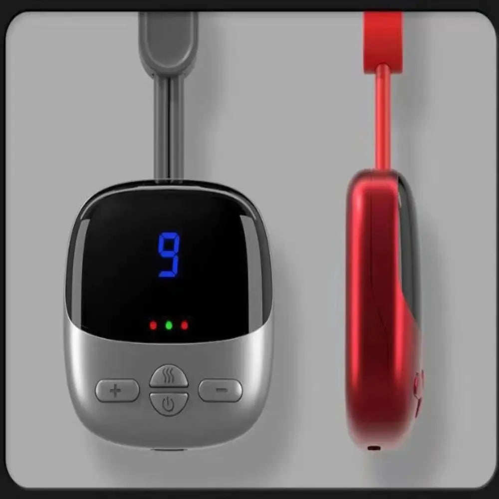 A silver and red multi-mode wireless cervical spine massager is shown hanging on a wall.
