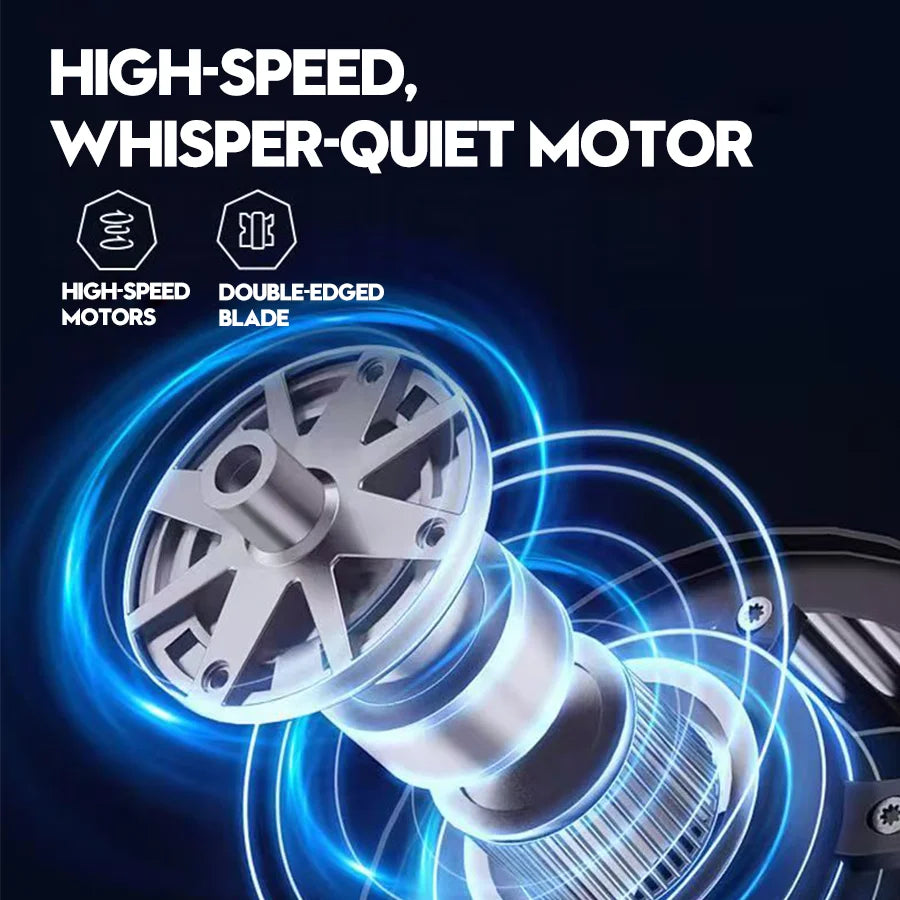 Close-up of a high-speed, whisper-quiet motor and double-edged blade assembly for a precision nose hair trimmer.