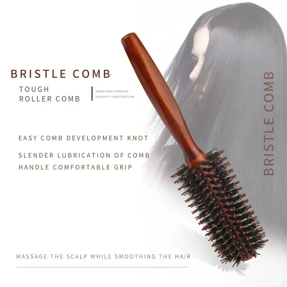 A brown bristle comb with a wooden handle is shown against a light background.