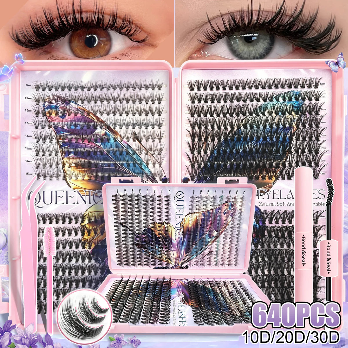 A box of 640 pieces of DIY reusable eyelash clusters kit showing various lash styles and eye closeups