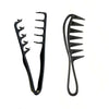 A pair of black men's salon hair styling combs, one long and thin, the other curved.