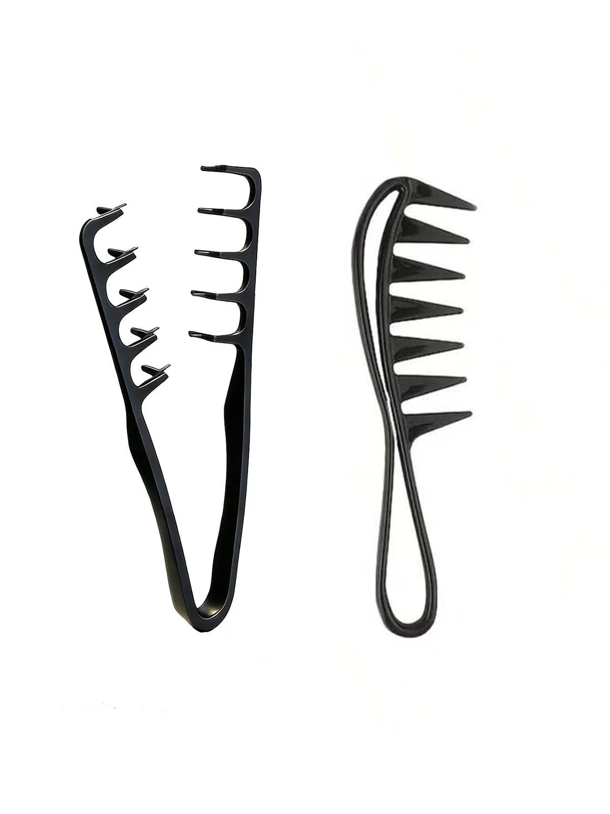 A pair of black men's salon hair styling combs, one long and thin, the other curved.