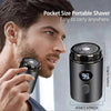 A man is using a portable electric shaver, showing the device and its size specifications.
