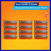 A display of twelve orange and silver safety razor blades, emphasizing sharp and durable 6-layer blades.