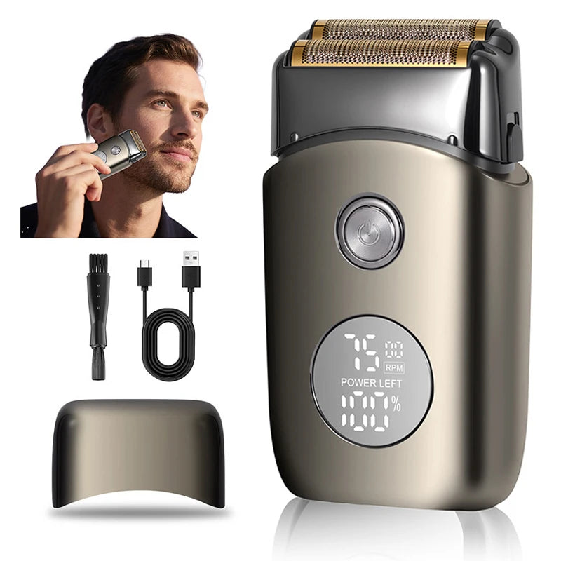 A portable rechargeable electric foil shaver in a bronze finish shown next to its accessories and a man using the device.