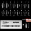 Présentation de différentes tailles et formes d'extensions pour ongles en acrylique, y compris des designs en courbe en C.
