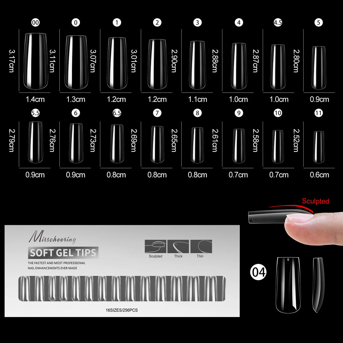 Présentation de différentes tailles et formes d'extensions pour ongles en acrylique, y compris des designs en courbe en C.