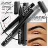 Un set de lápices líquidos para cejas waterproof negros Dunuf, con primeros planos del producto y cejas aplicadas.
