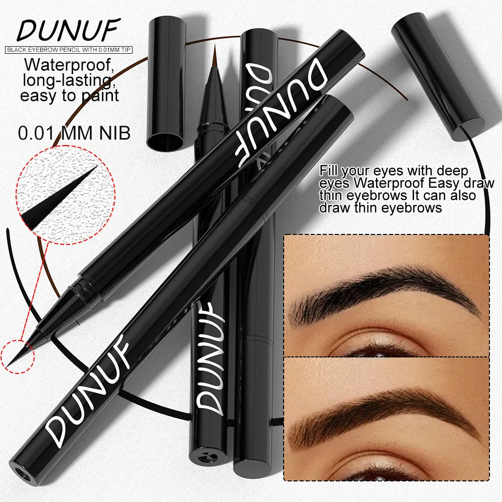 Un set de lápices líquidos para cejas waterproof negros Dunuf, con primeros planos del producto y cejas aplicadas.