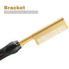 A gold-colored ceramic hair straightener brush with a black handle and teeth visible.