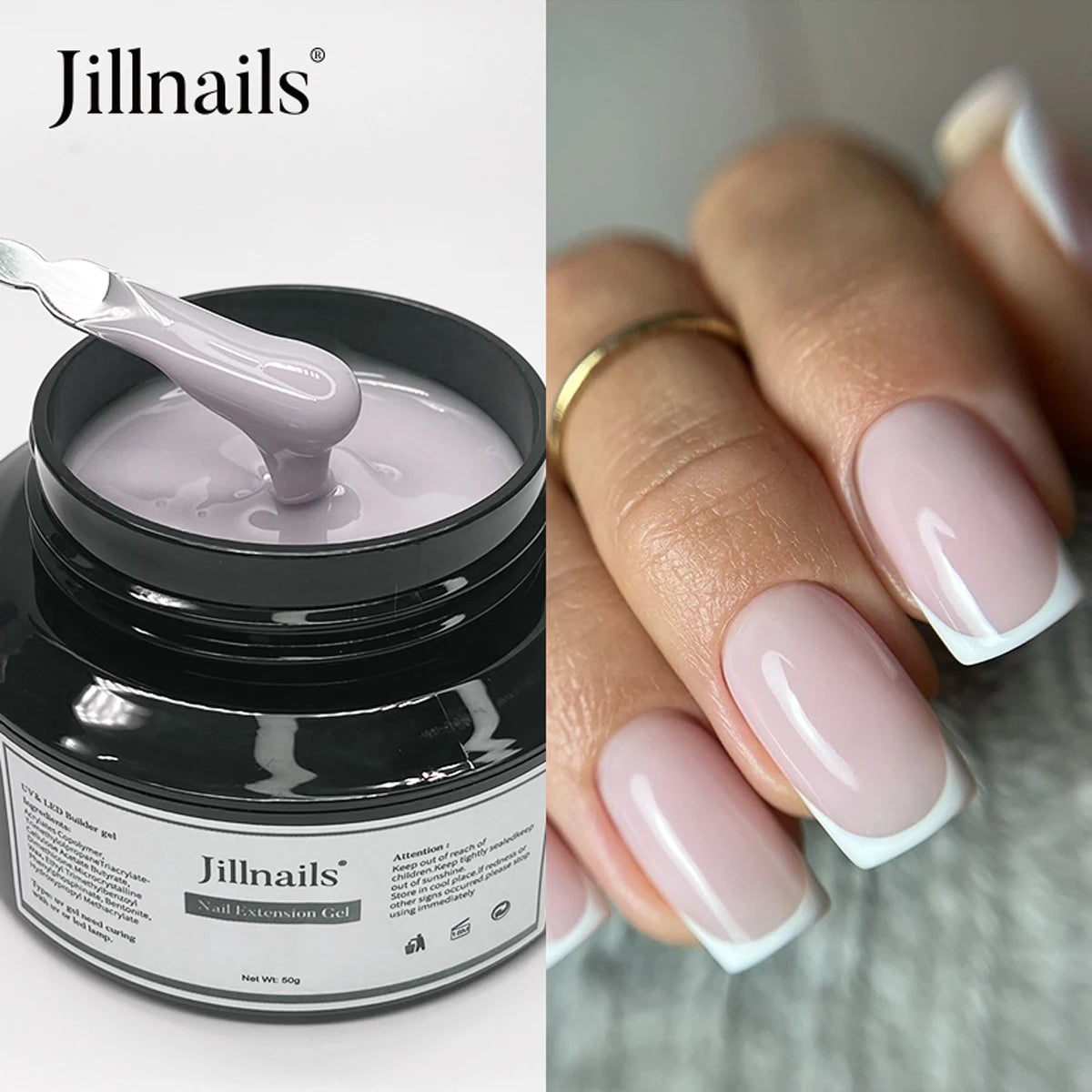 Pot de gel pour extensions d'ongles Jillnails avec applicateur en silicone et main appliquant du vernis rose sur un ongle.