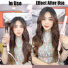 A woman is using an automatic ceramic curling iron to style her long brown hair.