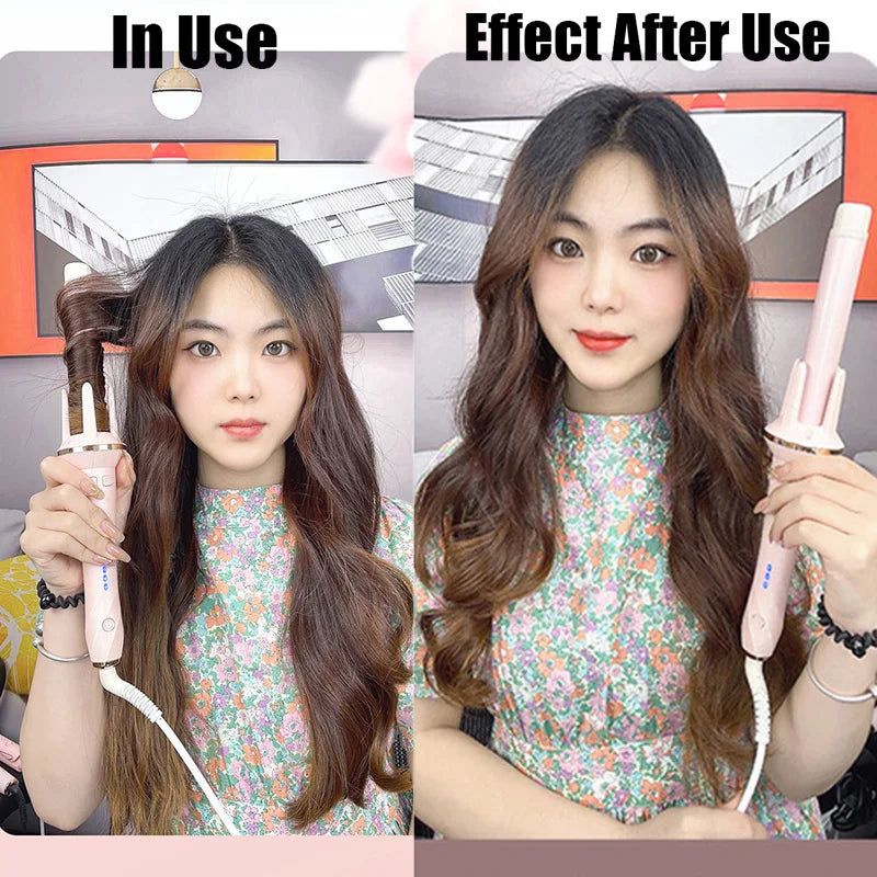 A woman is using an automatic ceramic curling iron to style her long brown hair.