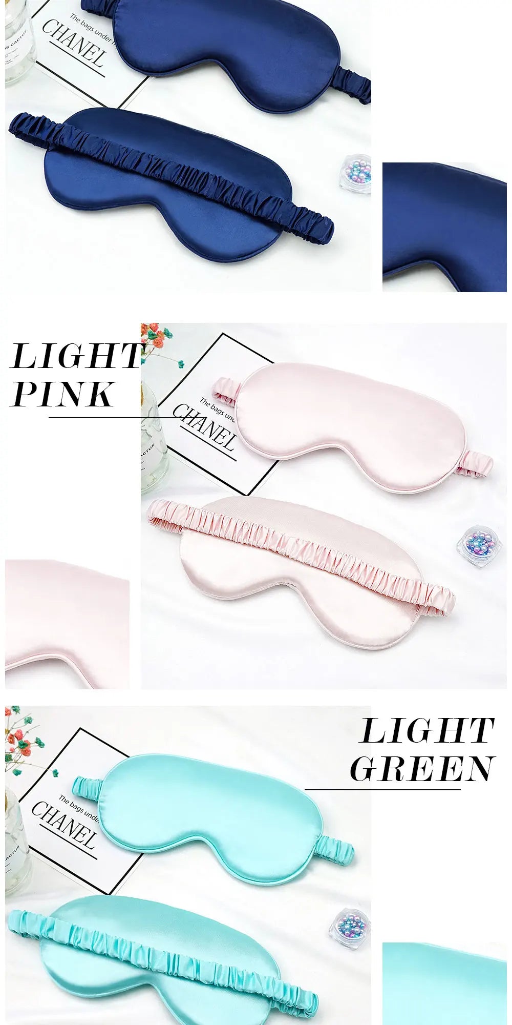 Collection de masques de sommeil en soie imitation dans diverses teintes, dont bleu marine, rose pâle et vert clair.