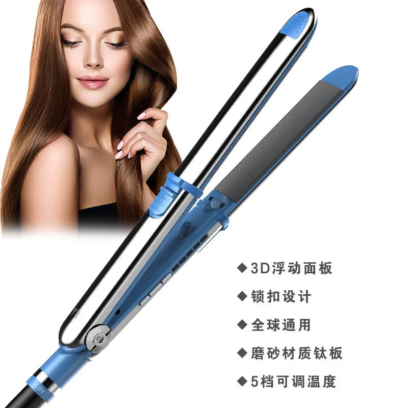 A close-up of a blue and silver dual purpose hair styling iron being held by a woman.