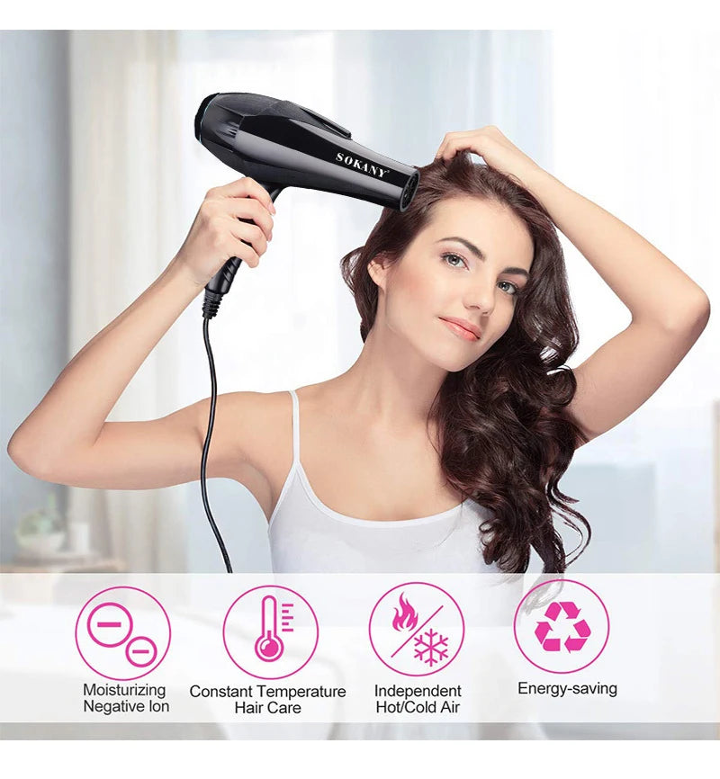 A woman is using a black Sokany professional high-power hair dryer to style her dark hair.
