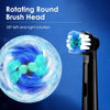 Close-up view of a rotating round brush head demonstrating 25 degree left and right rotation for electric toothbrush cleaning