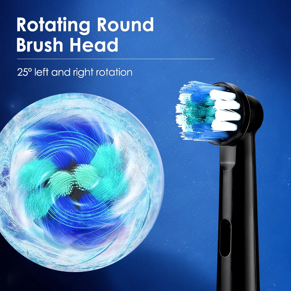 Close-up view of a rotating round brush head demonstrating 25 degree left and right rotation for electric toothbrush cleaning