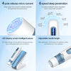 A white professional EMS microneedling pen with an LED display screen and adjustable needle length is shown.