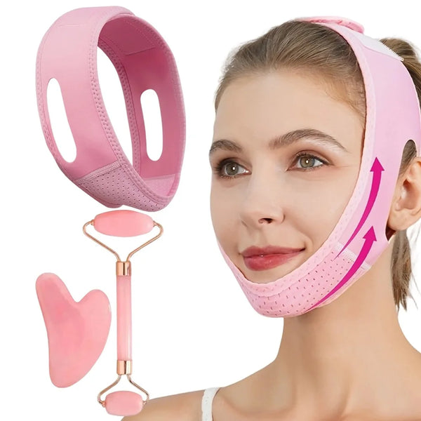 A woman is shown wearing a pink V-Line face shaping strap for jawline and double chin treatment.