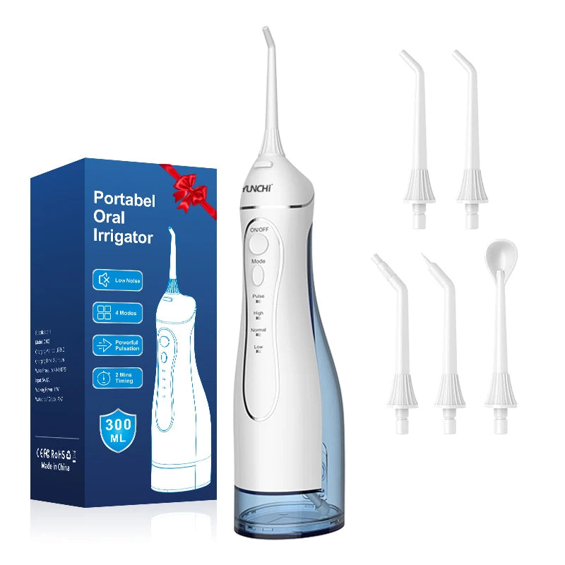 A white portable oral irrigator device and various tips are shown next to its packaging box.