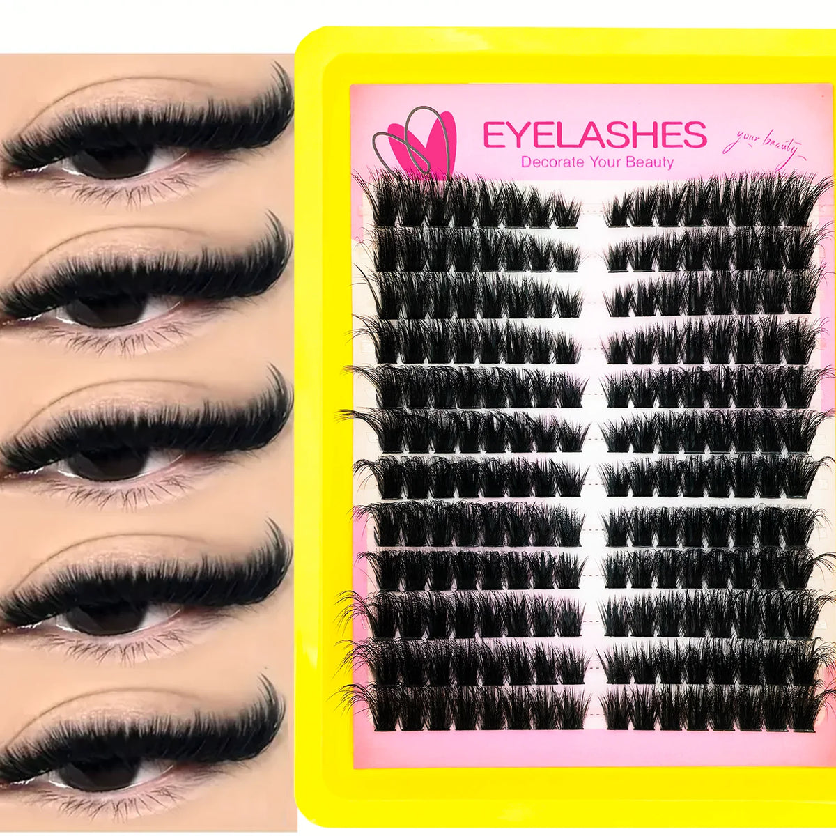 A yellow packaging box displaying faux mink individual lash clusters for DIY eyelash extensions.