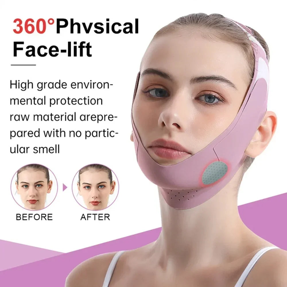 A woman is shown using a pink face-lift device for facial tightening and lifting.